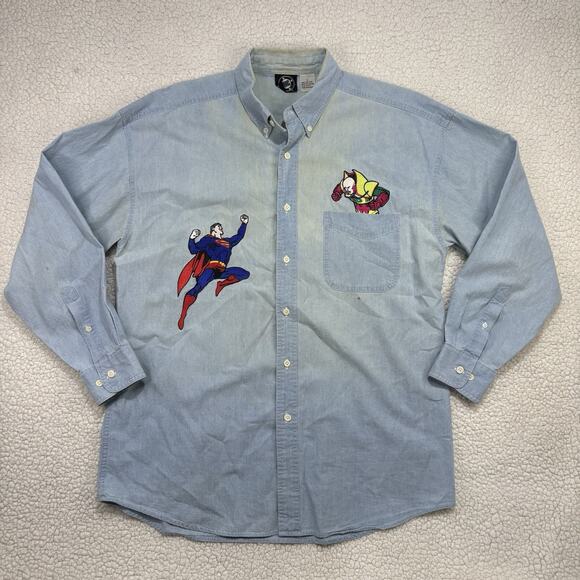 Vintage DC Comics Denim Shirt Superman & Villain Embroidered Mens L Button Up - Picture 1 of 10